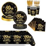 145Pcs 60th Birthday Party Supplies, Birthday Tableware Set Plates Napkins Cups Forks Knives Tablecloth, Gold Black Happy 60th Birthday Themed Party Decorations Serves 24 Guests for Men Women