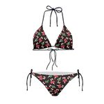 Howilath Christmas Beach Bikini Set of 2 Swimsuit Candy Cane Bowknot Holly Tie Side Swimwear Xmas Black Bathing Suit-XL