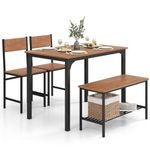 COSTWAY Dining Table and 2 Chair Set with 1 Bench, 4 Pieces Industrial Gathering Bench Set with Storage Rack, Metal Frame Dining Room Furniture for Home Kitchen Restaurant (Teak Brown)