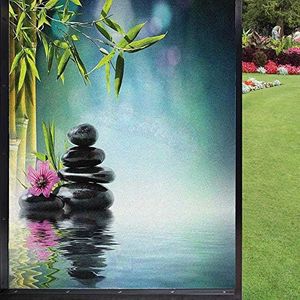 Spa Window Film Static Cling Film,Tower Stone and Hibiscus with Bamboo on The Water Blurry Background Living Room Window Film for Living Room Bathroom,Petrol Blue Fuchsia Lime Green 24" x 36"