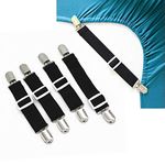 Lesfit Adjustable Bed Sheet Fasteners Suspenders,Fitted Sheet Clips Sheet Garters Sheet Grippers with Elastic Holder Straps, Black（4 packs/set）