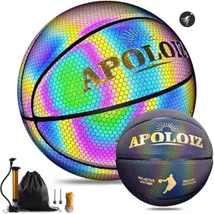 Apoloiz Reflective Basketball, Glowing Luminous Basketball for Night Game, Holographic Glow Basketball, Outdoor Indoor Use, Gifts for Boys Girls, Glowing Effect for Night Play (with Pump)