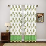 BLOCKS OF INDIA Hand Block Printed Cotton Daylight Semi Sheer Curtains With Eyelets(Set Of 2 Semi Sheer Curtains) (Green Paan, Door / 7 Feet)