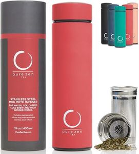 Pure Zen Tea Thermos with Infuser for Tea, Coffee and Fruit-Infused Water - Stainless Steel - Tea Infuser Bottle - Tea Tumbler with Infuser - Leakproof Tea Bottle - Travel Tea Mug - 15oz - Red