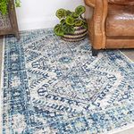 Traditional Navy Blue Aztec Rug Vintage Inspired Distressed Bohemian Living Room Area Bedroom Rugs 120cm x 170cm