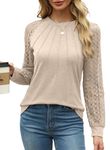 Aokosor Long Sleeve Tops Women Tops for Women UK Plain Crew Neck Pleated Shirt Loose Casual Blouse for Women Tunic Shirt Ladies Jumpers Size 10-12 Beige