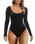 SHAPERX Bodysuit for Women Long Sleeve Scoop Neck Tops Strechy Second-skin Feel Body Suits，SZ5260-Black-M