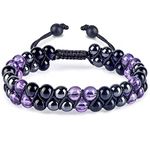 Triple Protection Bracelet for Women, Genuine Healing Crystal Bracelet Amethyst Black Obsidian Hematite 6mm, Pyramid Energy Crystal Beads Bracelet for Protection and Balance