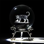 HDCRYSTALGIFTS 3D Crystal Ball with Silver-Plated Flowering Stand 2.4inch Laser Engraved Crystal Decorative Ball Glass Sphere for Home Decor Gift (Cat and String)