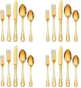 Crafelle 20-Piece Stainless Steel Cutlery Set | Christmas Engraved Flatware Set | Dishwasher Safe | Fork Spoon Knife Set for Dining, Parties & Gifting (Gold)