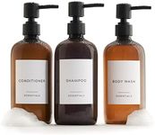 Stylish Shampoo and Conditioner Dispenser Set of 3 - Modern 21oz Shower Soap Bottles with Pump and Labels - Easy to Refill Body Wash Dispensers for an Instant Bathroom Decor Upgrade