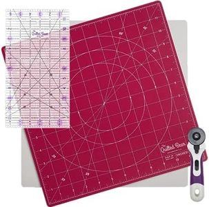 The Quilted Bear 12" x 12" Self-Healing Rotating Cutting Mat with 6.5" x 12" Non-Slip Quilting & Sewing Ruler & 45mm Ergonomic Soft Grip Rotary Cutter - Pink