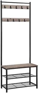 VASAGLE Coat Rack Stand, Coat Tree, Hallway Shoe Rack and Bench with Shelves, Hall Tree with Hooks, Matte Steel Frame, Height 175 cm, Industrial, Greige and Black HSR41MB