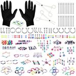 BodyJ4You 156PC Body Piercing Kit | Belly Ring Nose Septum Tragus Ear Cartilage Industrial | Horseshoe Ring Hoop Barbell Stud Spike | 14G 16G Silvertone | RANDOM Mix Jewelry