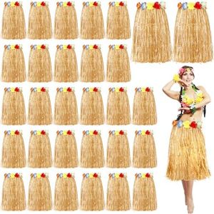Toulite 36 Pcs 24 Inch Hawaiian Luau Hula Grass Skirts Tropical Hawaiian Grass Dress Summer Costume for Women Girls(Straw Color)