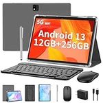 Android 13 Tablet,10 inch Tablet with Keyboard, 12GB+256GB, 1TB Expand, 2 in 1 Tablet, 10 inch Tablet with Case, Mouse, Stylus, 8000mAh Battery, 2.4G/5G WiFi, GPS, Google Certified Tablet PC, Silver