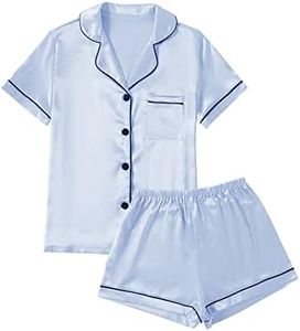 LYANER Women's Satin Pajamas Set Short Sleeve Button Shirt Silky Sleepwear with Shorts Set PJ, Baby Blue, X-Small