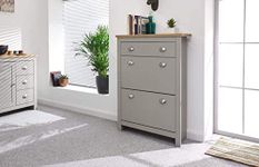 GFW Lancaster Wooden Storage Organiser Cupboard with Drawer, Stores Up to 12 Shoes (Size 10). Slim Entryway Cabinets for Home Hallway, Bedroom & Hall, Grey, H-108cm x W-78cm x D-24cm