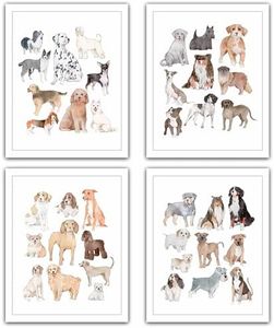 Cute Watercolor Dog Wall Art Decor, 4pcs Poster Set Gifts for Dog Lovers Owner, Doggie Doggy Wall Posters for Dog Room Nursery Bedroom - B12