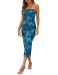 Amilia Womens Sexy Tie Dye Ruched Mesh Tube Dress Split Bodycon Cocktail Party Midi Sheath Dresses Blue