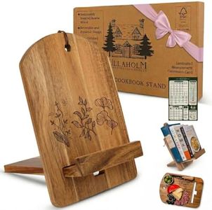 Wood Cook Book Stand for Kitchen Counter - Reversible Acacia Wooden Recipe Book Holder Stand - Cooking Measurement Conversion Card - Gift-Ready Adjustable Tablet Cook Book Holder - Charging Cable Slot
