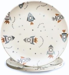 4-Pack Bamboo Fiber Dinner Plates - Alternative for Plastic Plates, Bamboo Plates Reusable, Shatterproof Plates, Food-Grade, Dishwasher Safe Plates - Kids Plates, Lightweight Plates (Space 8")