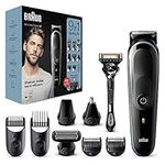 Braun 9-in-1 All-In-One Series 5, Male Grooming Kit With Beard Trimmer, Hair Clippers, Ear & Nose Trimmer & Gillette Razor, 7 Attachments, Gifts For Men, UK 2 Pin Plug, MGK5280, Black/Blue Razor