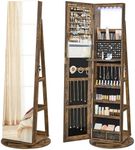 SONGMICS 6 LEDs Lockable Mirror Jewelry Cabinet, 360° Swivel Jewelry Organizer Armoire Standing, Frameless Full-Length Mirror, 3 Storage Shelves, Christmas Gifts, Rustic Brown and Black UJJC007X01