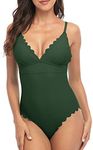 Charmo Women Scalloped One Pieces Swimsuits Fashion Monokinis Bathing Suits Removable Padded Swimwear Dark Green XL