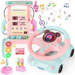 deAO Steering Wheel Toy Car Backseat Pretend Simulated Driving, Light and Music, Twinkle Wheel Toy, Early Educational Toys for Kids Baby Children Toddler (Pink)