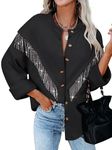 MYMORE Women's Sparkly Rhinestone Fringe Shacket Jacket Waffle Glitter Tassel Shirt Western Cowgirl Country Concert Outfits, Black, Medium