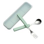 VANRA 2-Piece Children Flatware Set 18/10 Stainless Steel Child Tableware Set Silver Cutlery Set Silverware Dinner Utensils Spoon Fork Set with Travel Case for Kids Toddlers (Chrome Finished) (Green)