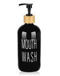 Pump Mouthwash Dispenser, Glass Mouthwash Container for Bathroom Countertop, Mouth Wash Bottle Decanter, Black, Printed Font