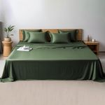 LINENWALAS Double Bed Sheet Set, 300 Thread Count 100% Bamboo Double Bedding Set, Cooling Sateen Weave Silk Sheets Set with 1 Fitted Sheet, 1 Flat Sheet & 2 Pillowcases (Double, Avocado Green)