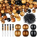 1055 Pieces Wooden Hair Beads Set Including 600 Barrel Wood Beads for Braids European Loose Beads 450 Black Elastic Hair Bands with 5 Quick Beader (Black, Coffee, Light Coffee, 9x10mm,11x12mm)