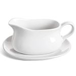 LE TAUCI 17oz Gravy Boat with Saucer Stand, Set of 1, Ceramic Sauce Boat with Tray for Salad Dressings, Creamer, Broth, Black Pepper, WHITE