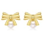 ZRU Gold Pearl Bow Stud Earrings for Women, Ribbon Bow Dangle Drop Earrings 18k Gold Plated Bow Butterfly Earrings Wedding Party Dainty Pearl Jewelry Christmas Gifts