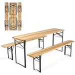 SPOTRAVEL 3-Piece Folding Picnic Table and Bench Set, Wooden Garden Beer Table with 1 wide table and 2 long benches, Outdoor Dining Furniture Set for Patio Party Camping BBQ