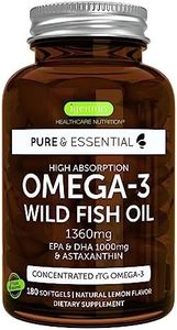 Pure & Essential High Absorption Omega-3 Wild Fish Oil 1360mg, EPA DHA 1000mg & Astaxanthin 1mg, Lemon Flavor, 180 Capsules