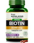 truu Himalayas Biotin 10000mcg for Hair Growth, Glowing Skin & Nails - 120 Veg tablets - Vegan Biotin Supplement for Men & Women Hair Health - Vitamin B 7 - PureVe Forte Medicine - Zero Preservatives