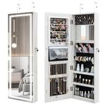 Multigot LED Lights Mirrored Jewelry Cabinet, Door Hanging/Wall Mounted Makeup Armoire with 2 Keys, Lockable Jewelry Storage Organizer for Dressing Room Bedroom (3-Color LED Lights, White)