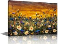 TISHIRON Wall Art Canvas Prints,White and Blue Cornflowers Oil Paintings Prints Landscape Impressionism Artwork Daisies Flowers Framed for Living Room Bedroom Home Decor 16x24 in