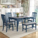 Merax Mid-Century 6-Piece Wood Dining Table Set with Drawer, 4 Upholstered Chairs and Bench, Antique Blue