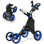 COSTWAY 4 Wheel Golf Trolley, Lightweight Folding Golfs Push Pull Cart with Adjustable Height Handle, Umbrella Stand, Cup Holder and Foot Brake (with Storage Bag, Blue)