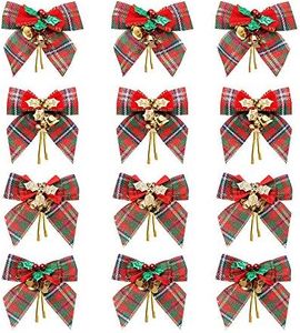 YBB 12 Pack Christmas Red Green Plaid Tree Bows, Linen Bowknot Wreath Bow with Jingle Bells for Christmas Garland Tree, Crafts, Wrapping, Wreath Xmas Hanging Ornaments Decor