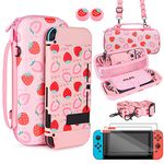 TIKOdirect Carrying Case for Nintendo Switch, Cute Strawberry Accessories of Pink Interior with Soft Protective Case, a Dock Shell, Screen Protectors, Thumb Grip caps, Adjustable Strap