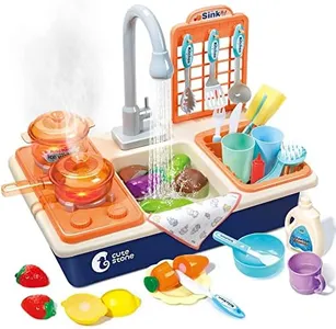 CUTE STONE Pretend Play Kitchen Sink Toys with Play Cooking Stove, Pot and Pan with Spray Realistic Light and Sound, Dish Rack & Play Cutting Food, Utensils Tableware Accessories for Toddlers Kids