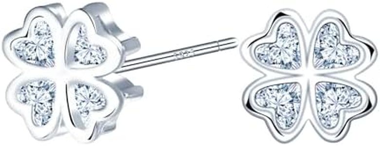 MICMIF Pendientes de Botón de Plata de Ley 925, Pendientes Cuatro Hojas Trébol para Mujer, con Circonita Brillante, Pendientes de Trébol Regalo Para Mujer Niña