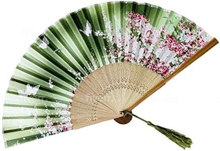 Green with Butterflies Floral Patterned Hand Fans, Vintage Silk Looking and Japanese Lace Designs with Bamboo Frames, Handheld Folding Fans Perfect for Weddings, Parties and Church Events