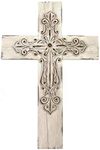 Comfy Hour Faith and Hope Collection 13" White Wood Handmade Layered Cross, Antique Style, Art Wall Decor, Resin